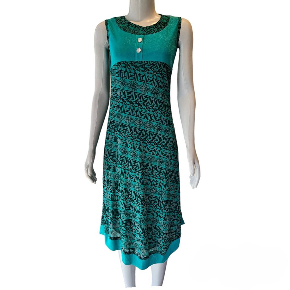 NWOT Slinky Spandex Jersey Dress Green  Tribal Print Midi Easy Wear-LARGE